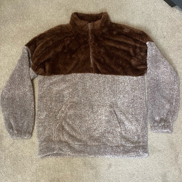 Zenana Brown Colorblock Oversized Quarter Zip Sherpa Pullover Size XL - Picture 2 of 6